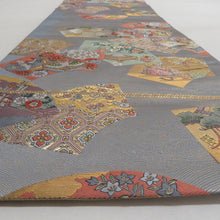 画像をギャラリービューアに読み込む, 袋帯 正絹 グレーｘゴールドｘ多色 地紙文様 六通柄 仕立て上がり 着物帯