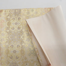 画像をギャラリービューアに読み込む, 袋帯 正絹 錦織 華文紋様 ゴールドパステル系 ベージュ色ｘ金色ｘ多色 六通柄 仕立て上がり 着物帯 長さ440cm