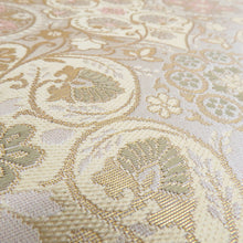 画像をギャラリービューアに読み込む, 袋帯 正絹 錦織 華文紋様 ゴールドパステル系 ベージュ色ｘ金色ｘ多色 六通柄 仕立て上がり 着物帯 長さ440cm