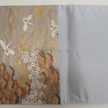 画像をギャラリービューアに読み込む, 袋帯 正絹 松に飛び鶴文様 灰色ｘ金色ｘ多色 金糸 六通柄 仕立て上がり 着物帯 長さ440cm