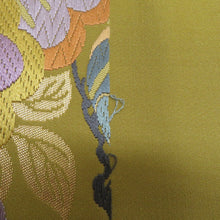 画像をギャラリービューアに読み込む, 袋帯 正絹 唐織調 辛子色ｘ金色ｘ紫色ｘ多色 松に藤紋様 金糸 六通柄 仕立て上がり 着物帯 長さ440cm