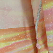 画像をギャラリービューアに読み込む, 羽織 正絹 黄色ｘピンク色 タタキ染め 流水柄 着物コート 着物用 ちりよけ 防寒 上着 リメイク シルク 身丈80cm