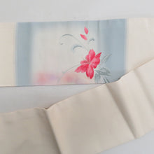 画像をギャラリービューアに読み込む, 名古屋帯 オフホワイトｘグレーｘピンク ぼかし色 織文様 お太鼓柄 花柄 正絹 カジュアル 仕立て上がり 着物帯 長さ362cm