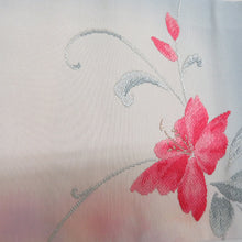 画像をギャラリービューアに読み込む, 名古屋帯 オフホワイトｘグレーｘピンク ぼかし色 織文様 お太鼓柄 花柄 正絹 カジュアル 仕立て上がり 着物帯 長さ362cm