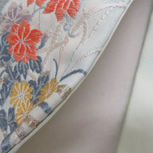 画像をギャラリービューアに読み込む, 名古屋帯 薄青色ｘピンク色ｘオレンジ色 パステル系 秋花紋様 お太鼓柄 正絹 カジュアル 仕立て上がり 着物帯 長さ367cm