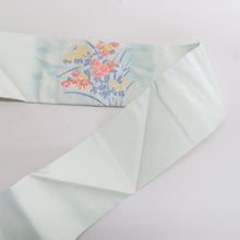 画像をギャラリービューアに読み込む, 名古屋帯 薄青色ｘピンク色ｘオレンジ色 パステル系 秋花紋様 お太鼓柄 正絹 カジュアル 仕立て上がり 着物帯 長さ367cm