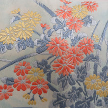 画像をギャラリービューアに読み込む, 名古屋帯 薄青色ｘピンク色ｘオレンジ色 パステル系 秋花紋様 お太鼓柄 正絹 カジュアル 仕立て上がり 着物帯 長さ367cm
