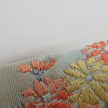 画像をギャラリービューアに読み込む, 名古屋帯 薄青色ｘピンク色ｘオレンジ色 パステル系 秋花紋様 お太鼓柄 正絹 カジュアル 仕立て上がり 着物帯 長さ367cm