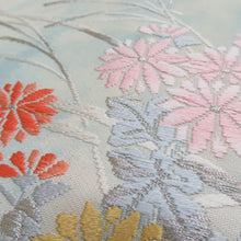 画像をギャラリービューアに読み込む, 名古屋帯 薄青色ｘピンク色ｘオレンジ色 パステル系 秋花紋様 お太鼓柄 正絹 カジュアル 仕立て上がり 着物帯 長さ367cm