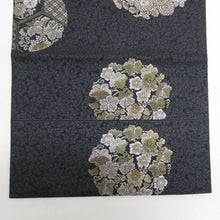 画像をギャラリービューアに読み込む, 袋帯 正絹 洒落袋帯 黒色ｘ緑色ｘ茶色 全通柄 草花鳥文様 仕立て上がり 着物帯 長さ448cm