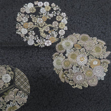 画像をギャラリービューアに読み込む, 袋帯 正絹 洒落袋帯 黒色ｘ緑色ｘ茶色 全通柄 草花鳥文様 仕立て上がり 着物帯 長さ448cm