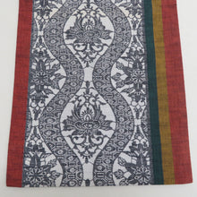 画像をギャラリービューアに読み込む, 名古屋帯 エンジ色ｘ白色ｘ黒色ｘ多色 京袋帯 紬地 全通柄 縞と立涌に花模様 正絹 カジュアル 未仕立て 芯なし 着物帯 長さ369cm