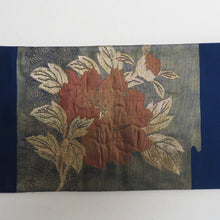 画像をギャラリービューアに読み込む, 名古屋帯 紺色ｘ金色ｘエンジ色 花紋様 金糸 太鼓柄 正絹 カジュアル 仕立て上がり 着物帯 長さ351cm