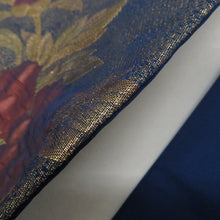 画像をギャラリービューアに読み込む, 名古屋帯 紺色ｘ金色ｘエンジ色 花紋様 金糸 太鼓柄 正絹 カジュアル 仕立て上がり 着物帯 長さ351cm