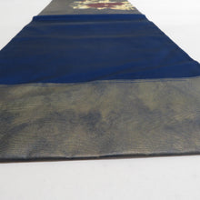 画像をギャラリービューアに読み込む, 名古屋帯 紺色ｘ金色ｘエンジ色 花紋様 金糸 太鼓柄 正絹 カジュアル 仕立て上がり 着物帯 長さ351cm