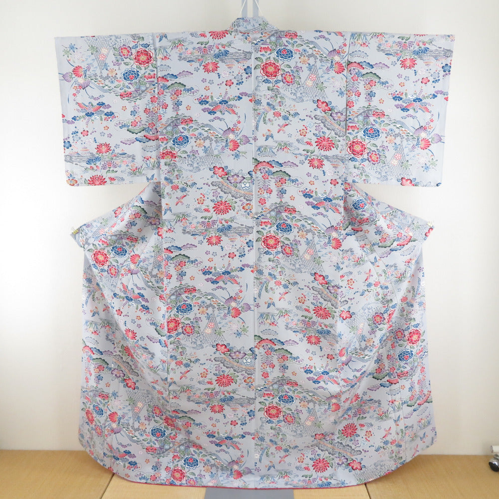 小紋 袷 灰色x赤色x緑色 カラフル 紅型風 花鳥風景模様 ゆったり幅