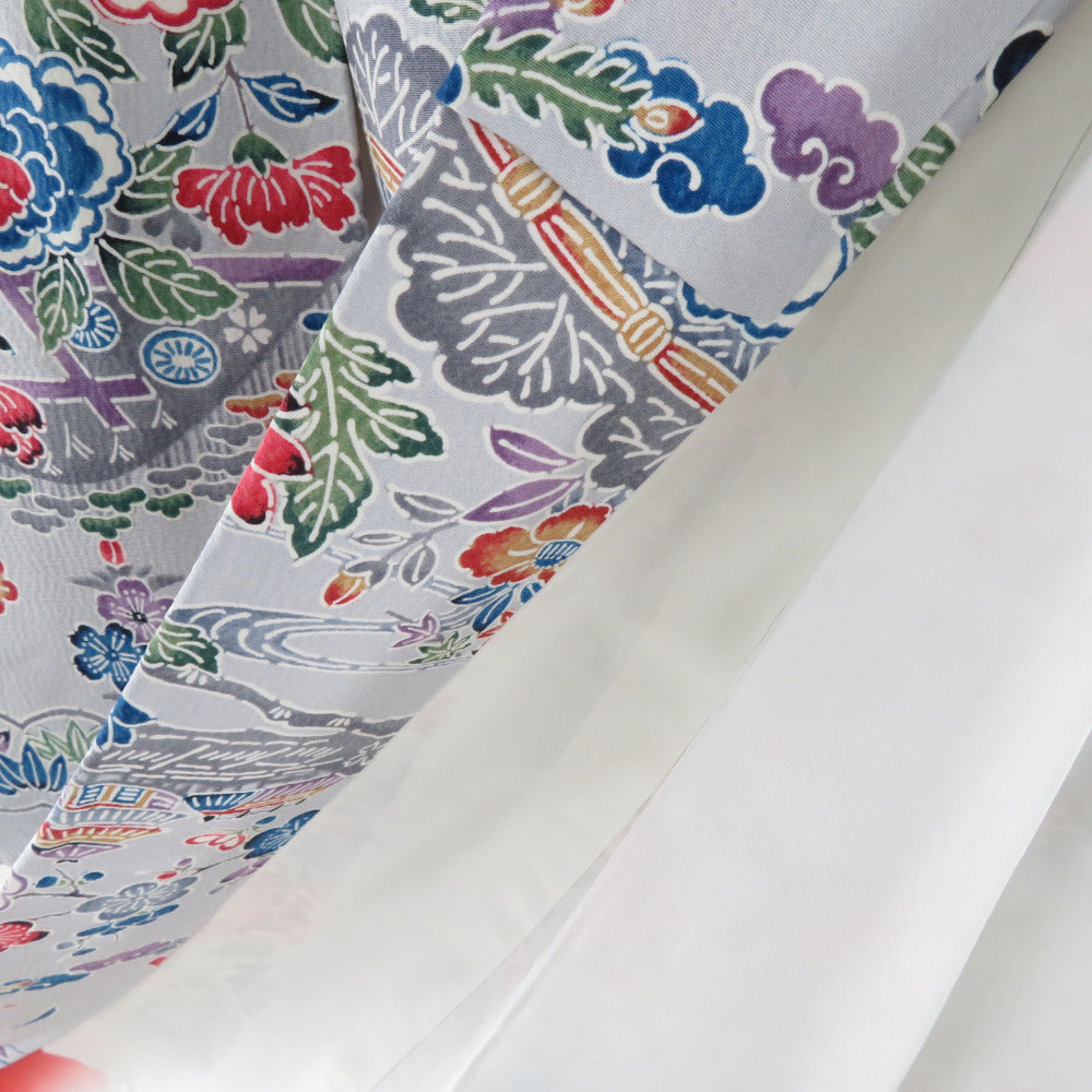 小紋 袷 灰色x赤色x緑色 カラフル 紅型風 花鳥風景模様 ゆったり幅