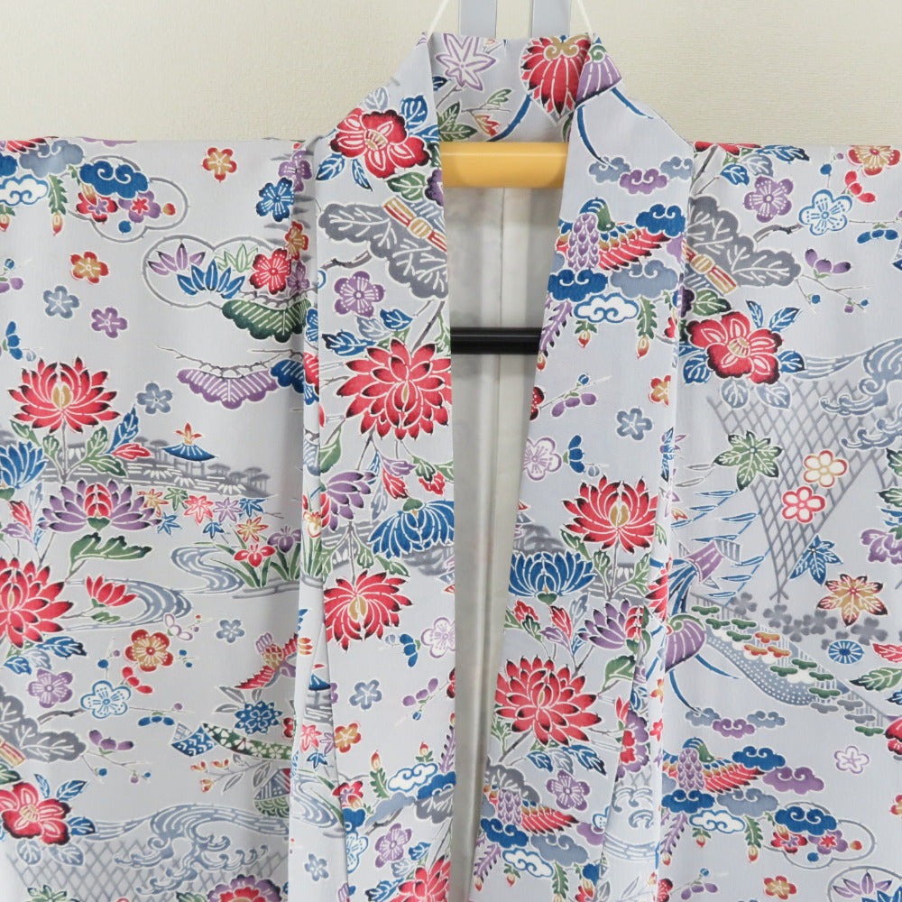 小紋 袷 灰色x赤色x緑色 カラフル 紅型風 花鳥風景模様 ゆったり幅