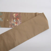 Load image into Gallery viewer, 名古屋帯 正絹 花鳥紋様 六通柄 モカ茶色ｘ緑色ｘ多色 金糸 カジュアル 仕立て上がり 着物帯 長さ346cm
