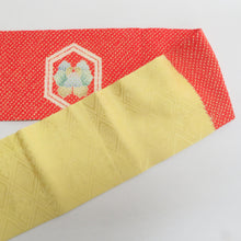 画像をギャラリービューアに読み込む, 名古屋帯 アンティーク帯 昔名古屋帯 絞り 赤色ｘ黄色ｘ多色 亀甲に花紋 お太鼓柄 レトロモダン 明治・大正ロマン 難あり 長さ340cm
