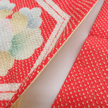 画像をギャラリービューアに読み込む, 名古屋帯 アンティーク帯 昔名古屋帯 絞り 赤色ｘ黄色ｘ多色 亀甲に花紋 お太鼓柄 レトロモダン 明治・大正ロマン 難あり 長さ340cm