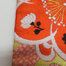 画像をギャラリービューアに読み込む, 名古屋帯 アンティーク帯 昔名古屋帯 お太鼓柄 人絹 オレンジ色ｘ白色ｘ黄色 梅文様 昔帯 レトロモダン 明治・大正ロマン 長さ319cm