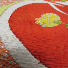 画像をギャラリービューアに読み込む, 名古屋帯 アンティーク帯 昔名古屋帯 お太鼓柄 人絹 オレンジ色ｘ白色ｘ黄色 梅文様 昔帯 レトロモダン 明治・大正ロマン 長さ319cm