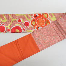 画像をギャラリービューアに読み込む, 名古屋帯 アンティーク帯 昔名古屋帯 お太鼓柄 人絹 オレンジ色ｘ白色ｘ黄色 梅文様 昔帯 レトロモダン 明治・大正ロマン 長さ319cm