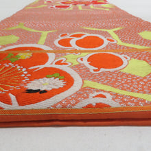 画像をギャラリービューアに読み込む, 名古屋帯 アンティーク帯 昔名古屋帯 お太鼓柄 人絹 オレンジ色ｘ白色ｘ黄色 梅文様 昔帯 レトロモダン 明治・大正ロマン 長さ319cm