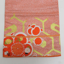 画像をギャラリービューアに読み込む, 名古屋帯 アンティーク帯 昔名古屋帯 お太鼓柄 人絹 オレンジ色ｘ白色ｘ黄色 梅文様 昔帯 レトロモダン 明治・大正ロマン 長さ319cm