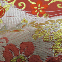 画像をギャラリービューアに読み込む, 名古屋帯 アンティーク帯 昔名古屋帯 絹 朱色ｘ金色ｘピンク色 金糸 風景に花々紋様 お太鼓柄 昔帯 レトロモダン 明治・大正ロマン 長さ309cm