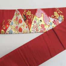 画像をギャラリービューアに読み込む, 名古屋帯 アンティーク帯 昔名古屋帯 絹 朱色ｘ金色ｘピンク色 金糸 風景に花々紋様 お太鼓柄 昔帯 レトロモダン 明治・大正ロマン 長さ309cm