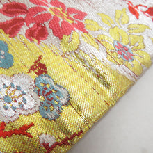 画像をギャラリービューアに読み込む, 名古屋帯 アンティーク帯 昔名古屋帯 絹 朱色ｘ金色ｘピンク色 金糸 風景に花々紋様 お太鼓柄 昔帯 レトロモダン 明治・大正ロマン 長さ309cm