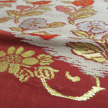 画像をギャラリービューアに読み込む, 名古屋帯 アンティーク帯 昔名古屋帯 絹 朱色ｘ金色ｘピンク色 金糸 風景に花々紋様 お太鼓柄 昔帯 レトロモダン 明治・大正ロマン 長さ309cm