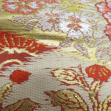 画像をギャラリービューアに読み込む, 名古屋帯 アンティーク帯 昔名古屋帯 絹 朱色ｘ金色ｘピンク色 金糸 風景に花々紋様 お太鼓柄 昔帯 レトロモダン 明治・大正ロマン 長さ309cm