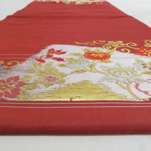 画像をギャラリービューアに読み込む, 名古屋帯 アンティーク帯 昔名古屋帯 絹 朱色ｘ金色ｘピンク色 金糸 風景に花々紋様 お太鼓柄 昔帯 レトロモダン 明治・大正ロマン 長さ309cm