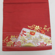 画像をギャラリービューアに読み込む, 名古屋帯 アンティーク帯 昔名古屋帯 絹 朱色ｘ金色ｘピンク色 金糸 風景に花々紋様 お太鼓柄 昔帯 レトロモダン 明治・大正ロマン 長さ309cm