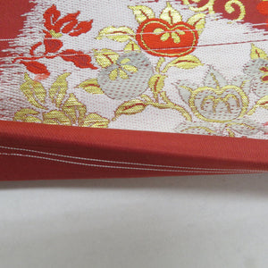 名古屋帯 アンティーク帯 昔名古屋帯 絹 朱色x金色xピンク色 金糸