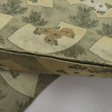 画像をギャラリービューアに読み込む, 丸帯 アンティーク帯 昔丸帯 絹 緑色 地紙文に松紋様 全通柄 昔帯 レトロモダン 明治・大正ロマン 長さ384cm