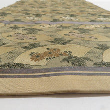 画像をギャラリービューアに読み込む, 丸帯 アンティーク帯 昔丸帯 絹 緑色 地紙文に松紋様 全通柄 昔帯 レトロモダン 明治・大正ロマン 長さ384cm