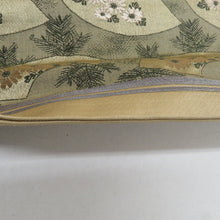 画像をギャラリービューアに読み込む, 丸帯 アンティーク帯 昔丸帯 絹 緑色 地紙文に松紋様 全通柄 昔帯 レトロモダン 明治・大正ロマン 長さ384cm