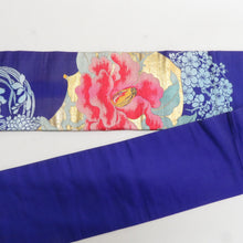 画像をギャラリービューアに読み込む, 名古屋帯 アンティーク帯 華丸に椿紋様 お太鼓柄 絹 青紫色ｘ金色ｘ多色 金糸 昔帯 レトロモダン 明治・大正ロマン 長さ335cm