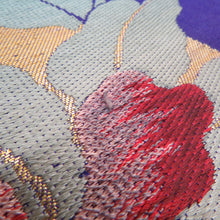 画像をギャラリービューアに読み込む, 名古屋帯 アンティーク帯 華丸に椿紋様 お太鼓柄 絹 青紫色ｘ金色ｘ多色 金糸 昔帯 レトロモダン 明治・大正ロマン 長さ335cm