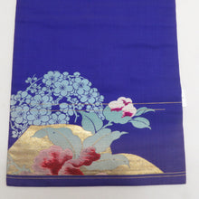 画像をギャラリービューアに読み込む, 名古屋帯 アンティーク帯 華丸に椿紋様 お太鼓柄 絹 青紫色ｘ金色ｘ多色 金糸 昔帯 レトロモダン 明治・大正ロマン 長さ335cm