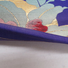 画像をギャラリービューアに読み込む, 名古屋帯 アンティーク帯 華丸に椿紋様 お太鼓柄 絹 青紫色ｘ金色ｘ多色 金糸 昔帯 レトロモダン 明治・大正ロマン 長さ335cm