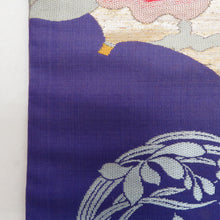 画像をギャラリービューアに読み込む, 名古屋帯 アンティーク帯 華丸に椿紋様 お太鼓柄 絹 青紫色ｘ金色ｘ多色 金糸 昔帯 レトロモダン 明治・大正ロマン 長さ335cm