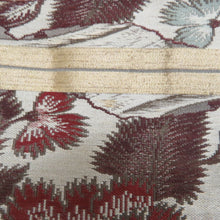 画像をギャラリービューアに読み込む, 名古屋帯 アンティーク帯 扇子に花鳥文様 全通柄 絹 グレーｘエンジ色ｘくすみピンク色 昔帯 レトロモダン 明治・大正ロマン 長さ350cm