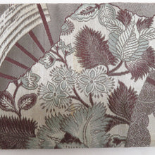 画像をギャラリービューアに読み込む, 名古屋帯 アンティーク帯 扇子に花鳥文様 全通柄 絹 グレーｘエンジ色ｘくすみピンク色 昔帯 レトロモダン 明治・大正ロマン 長さ350cm