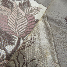 画像をギャラリービューアに読み込む, 名古屋帯 アンティーク帯 扇子に花鳥文様 全通柄 絹 グレーｘエンジ色ｘくすみピンク色 昔帯 レトロモダン 明治・大正ロマン 長さ350cm