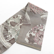 画像をギャラリービューアに読み込む, 名古屋帯 アンティーク帯 扇子に花鳥文様 全通柄 絹 グレーｘエンジ色ｘくすみピンク色 昔帯 レトロモダン 明治・大正ロマン 長さ350cm
